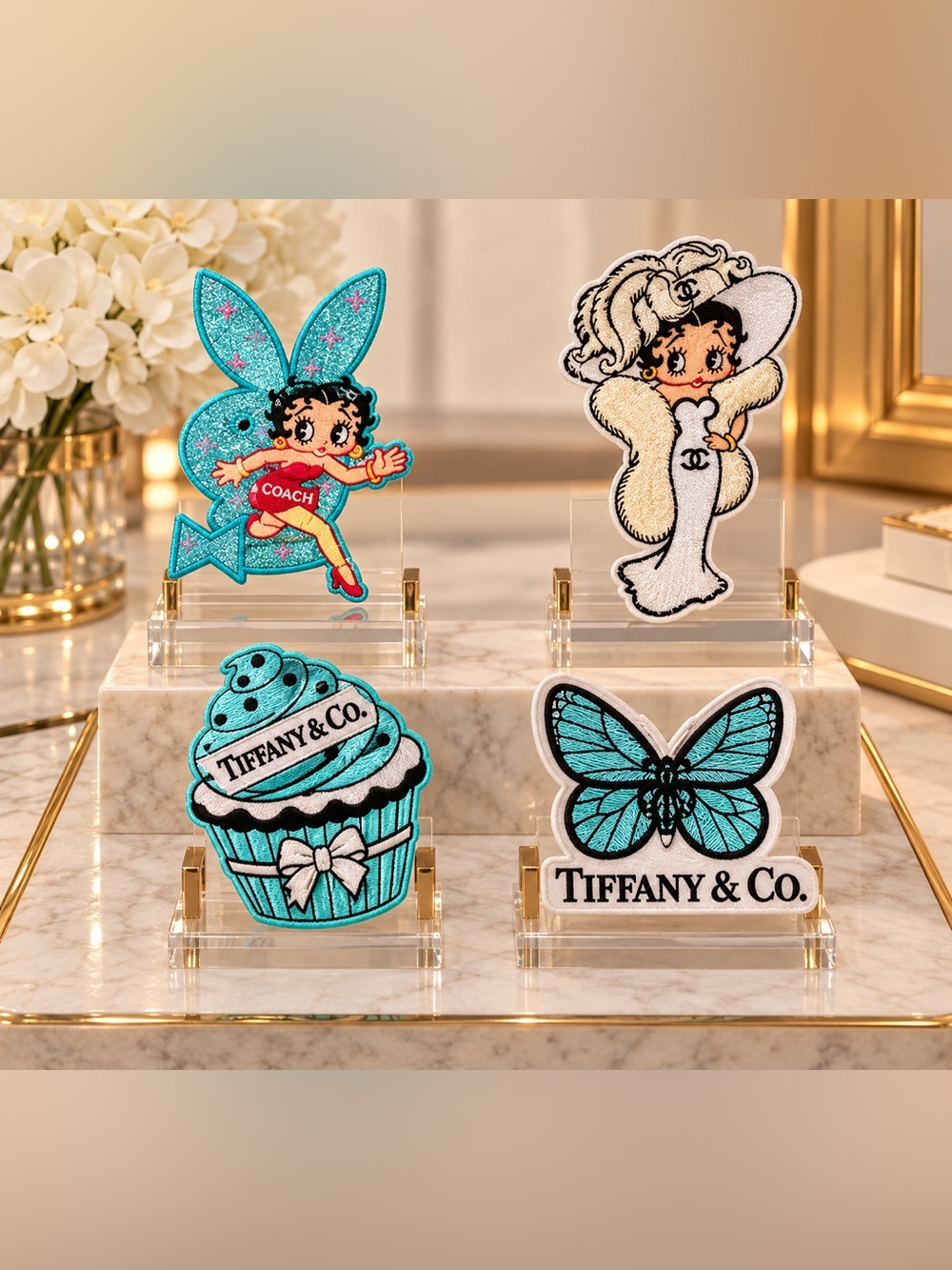 Blue Embroidered Iron-On Patches - Butterfly & Cupcake Set